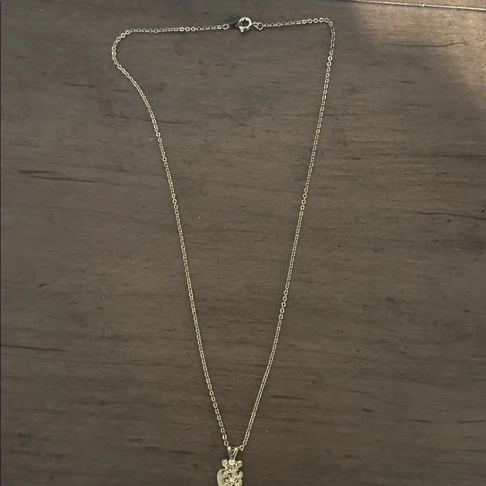 Gold Tone Teddy Bear & Heart With M, CZ Diamonds Pendant Necklace
